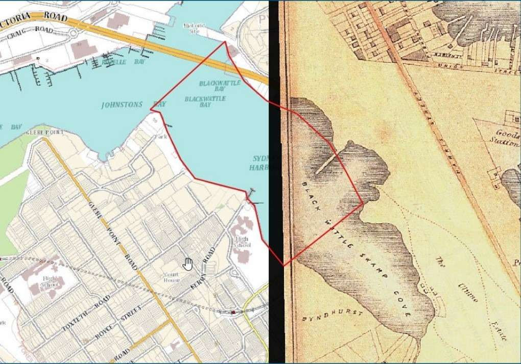 Blackwattle Bay urban renewal portal - Overlay by Comber Consultants of study area over portion of a 1855 map