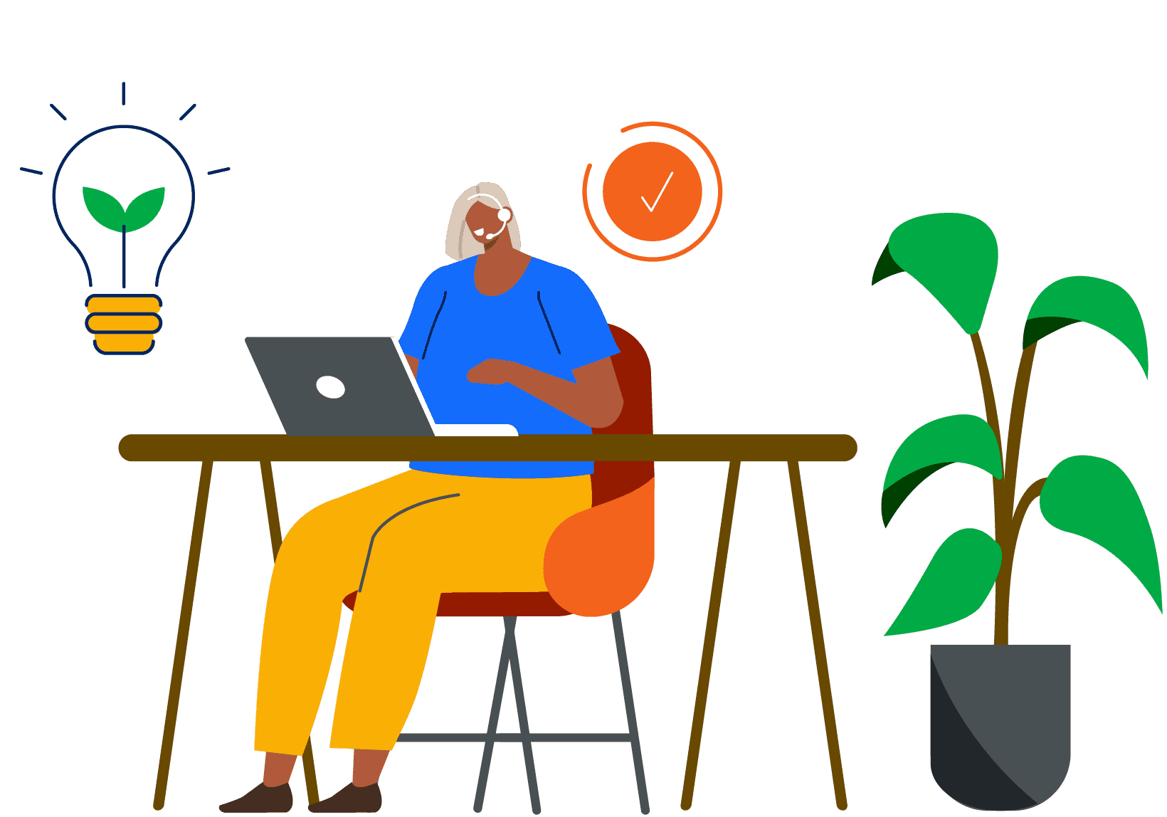 stylized graphic of a woman using a laptop