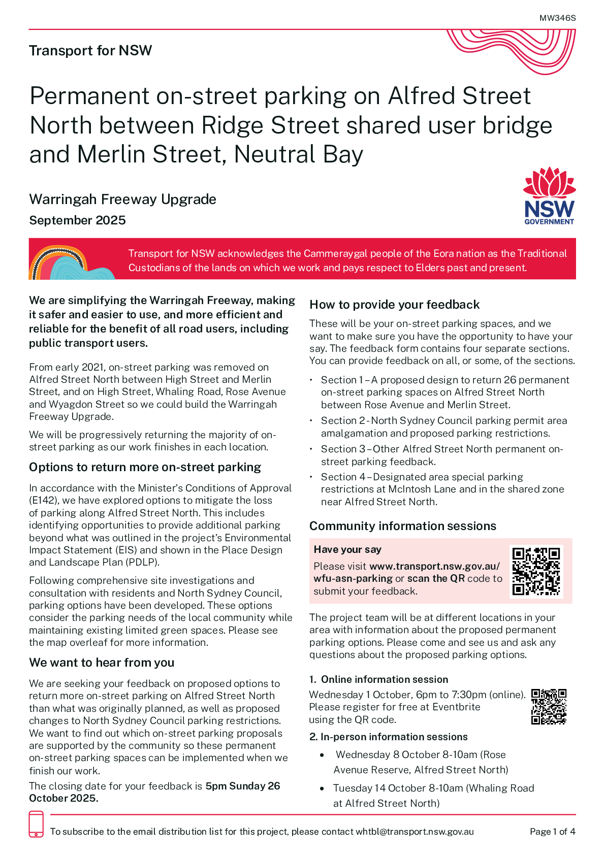 Permanent on-street parking on Alfred Street North between Whaling Road, North Sydney and Ridge Street shared user bridge, Neutral Bay (September 2025)