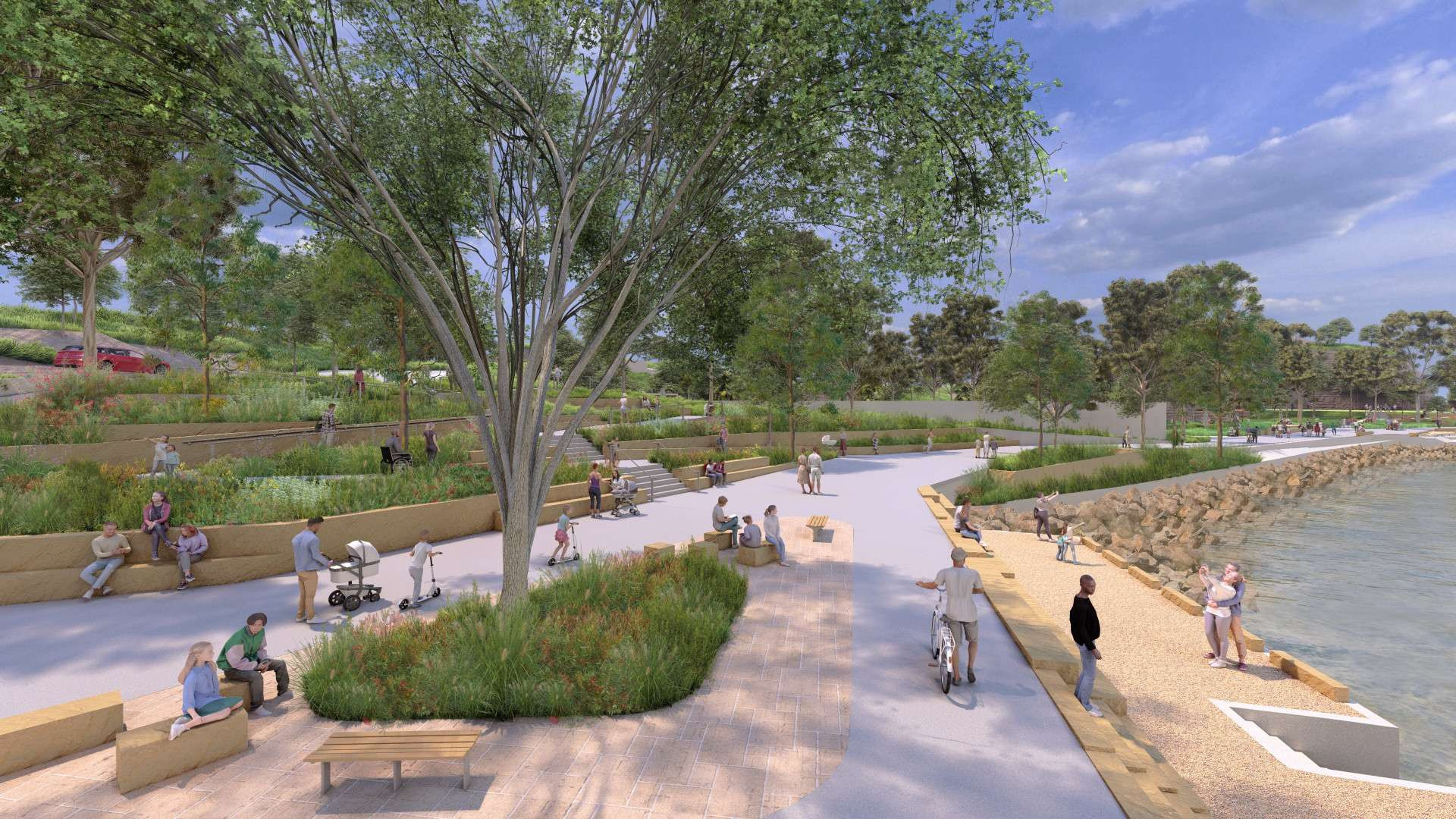 Artist's impression of future foreshore pathways, landscaping and features