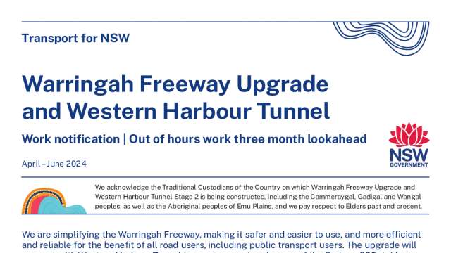 Warringah Freeway Upgrade and Western Harbour Tunnel Work notification | Out of hours work three month lookahead news post thumbnail