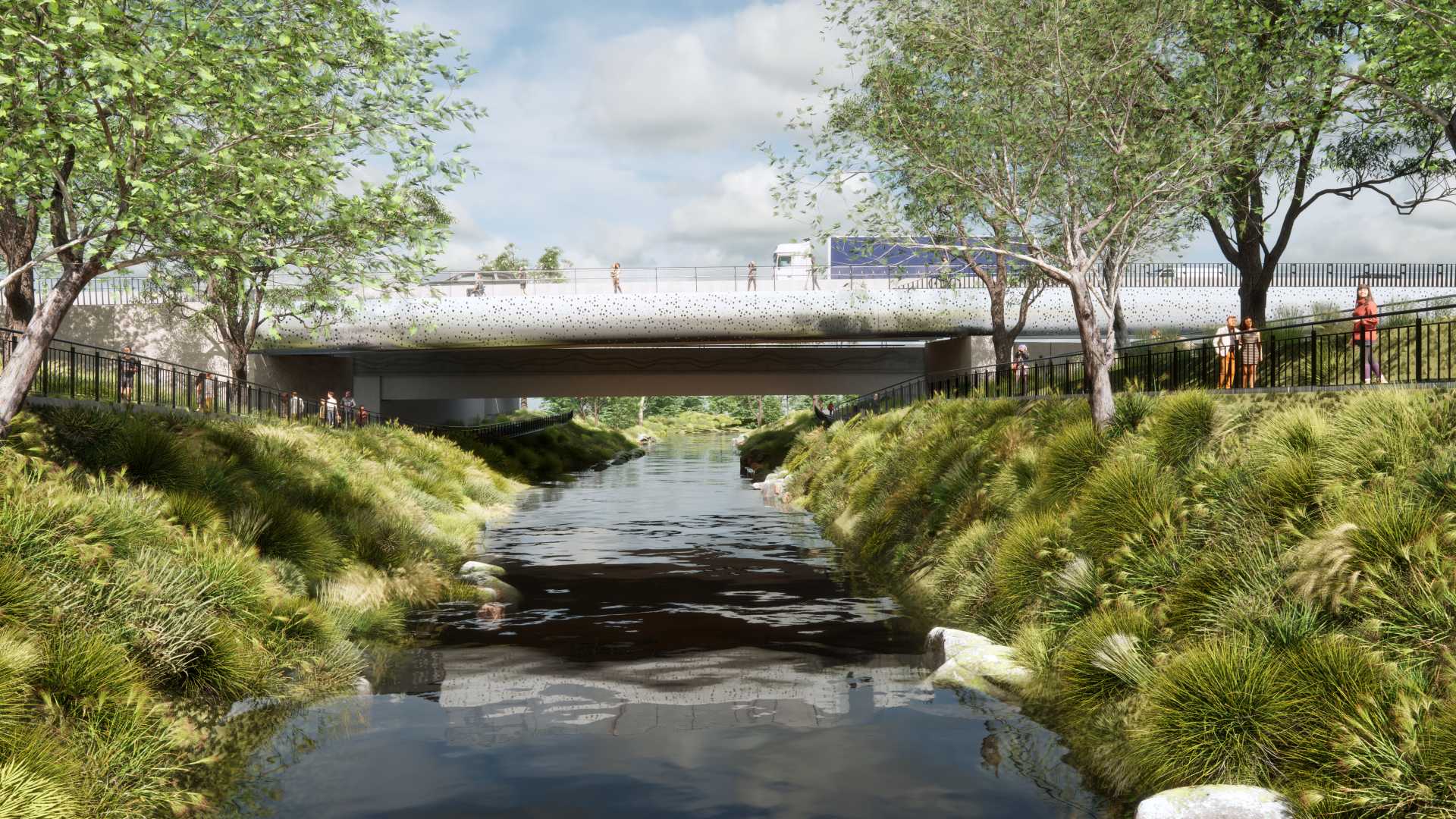 At Hindmarsh, looking west along the River Torrens towards Taylors Bridge.