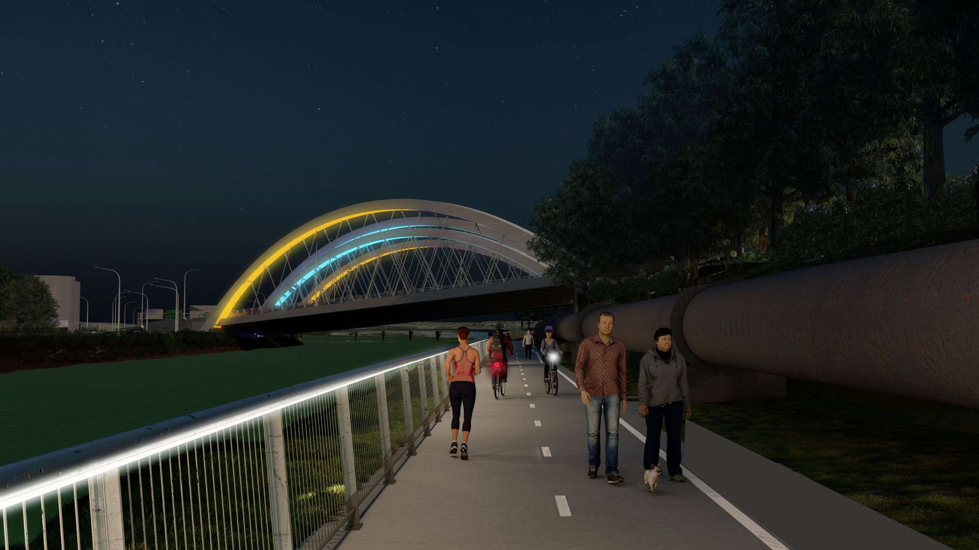 Artist impression of pedestrian and cyclist path at night as part of Sydney Gateway