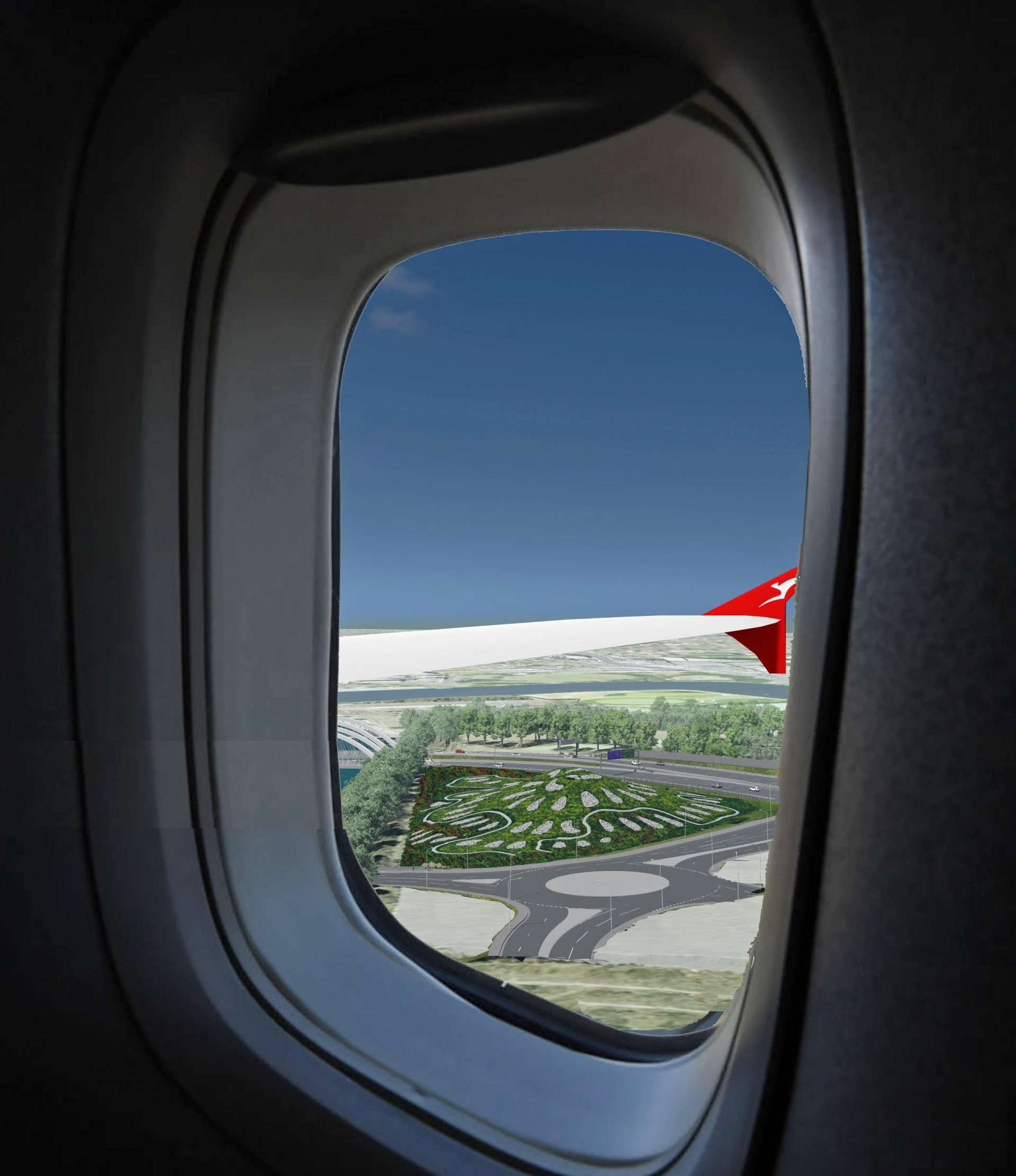 Artist impression view of Sydney Gateway landscape design from a plane window landing at Sydney Airport