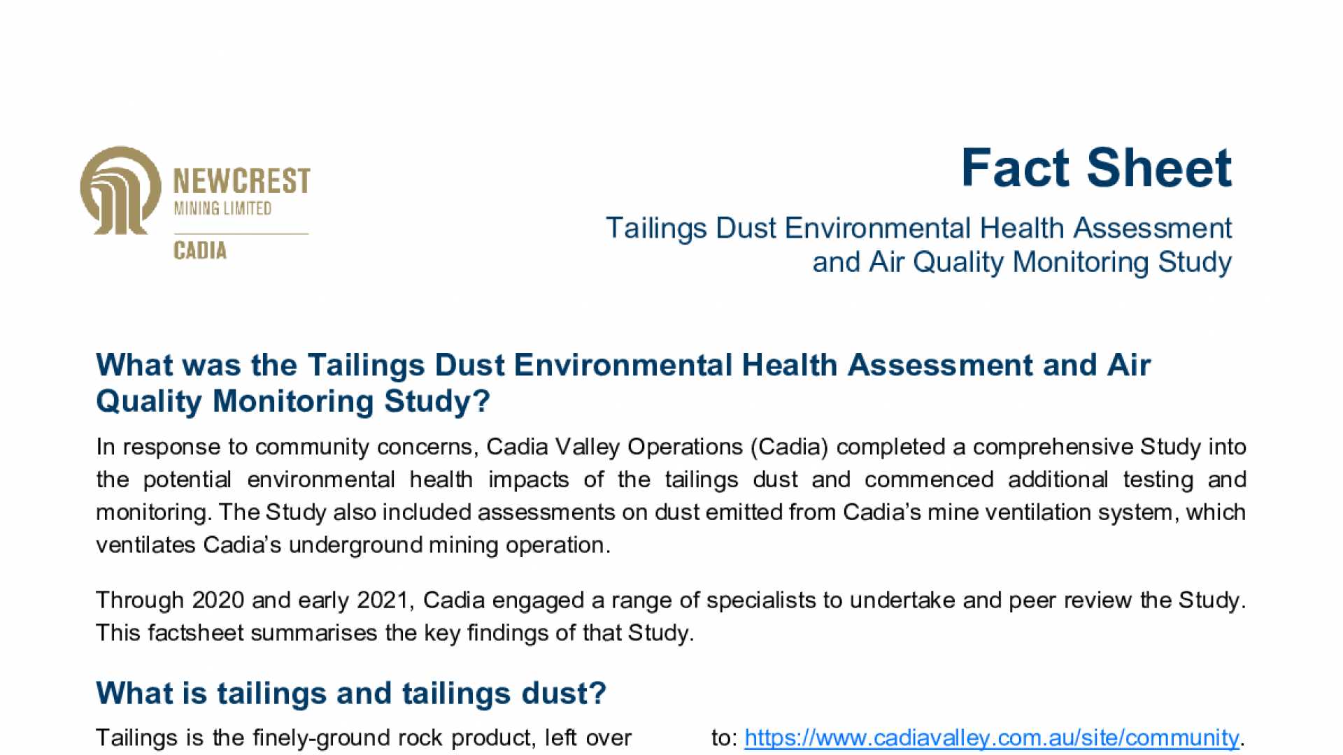 Tailings Dust Environmental Health Assessment & Air Quality Factsheet