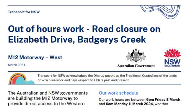 Out of hours work - Road closure on Elizabeth Drive, Badgerys Creek news post thumbnail