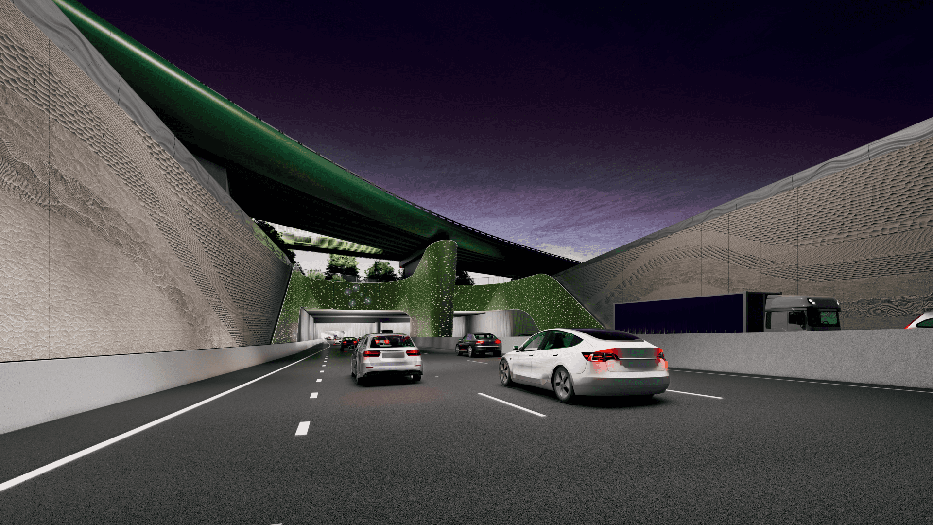 Looking north at the Northern Tunnels' southern portal at Mile End South in the evening.