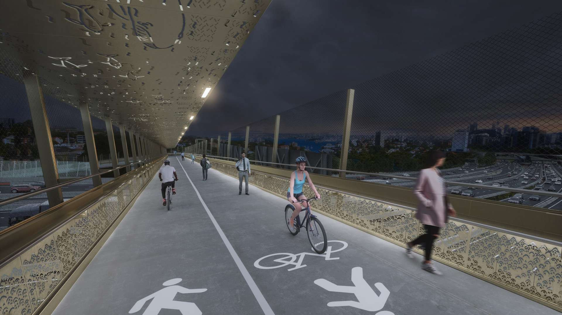 Artist's impression, Ridge Street shared user bridge at night-min