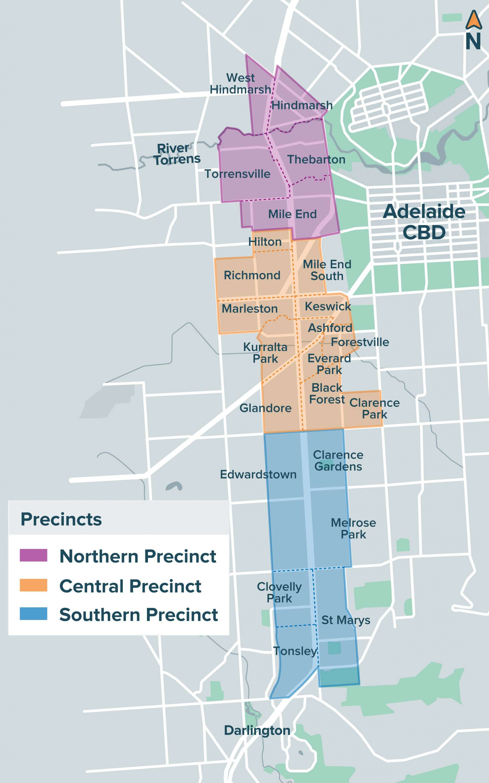 Graphic map showing the three precincts