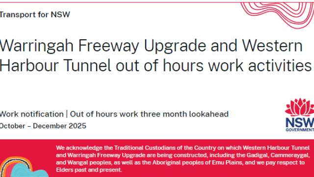 Work notification | Warringah Freeway Upgrade & Western Harbour Tunnel out of hours work three month lookahead October - December 2025 news post